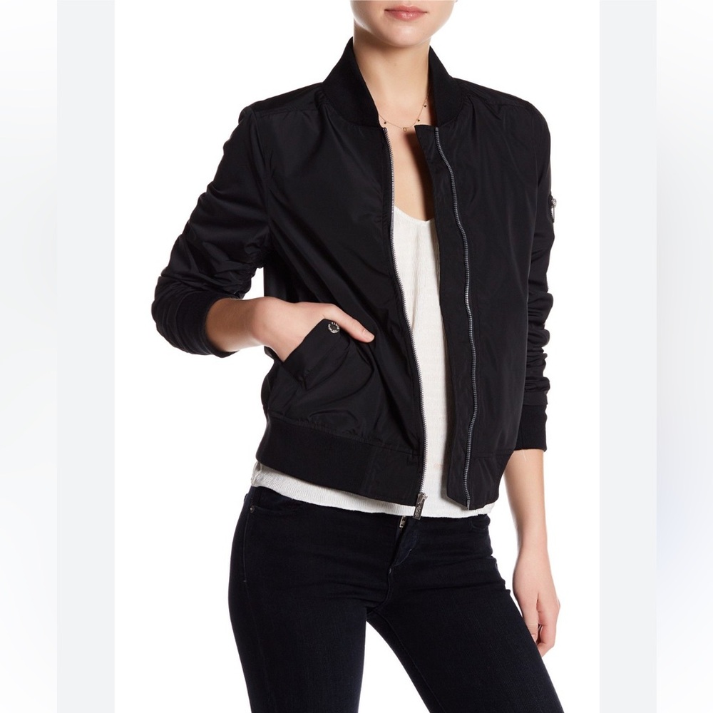 RACHEL Rachel Roy Ruched Sleeve Black Bomber Jacket